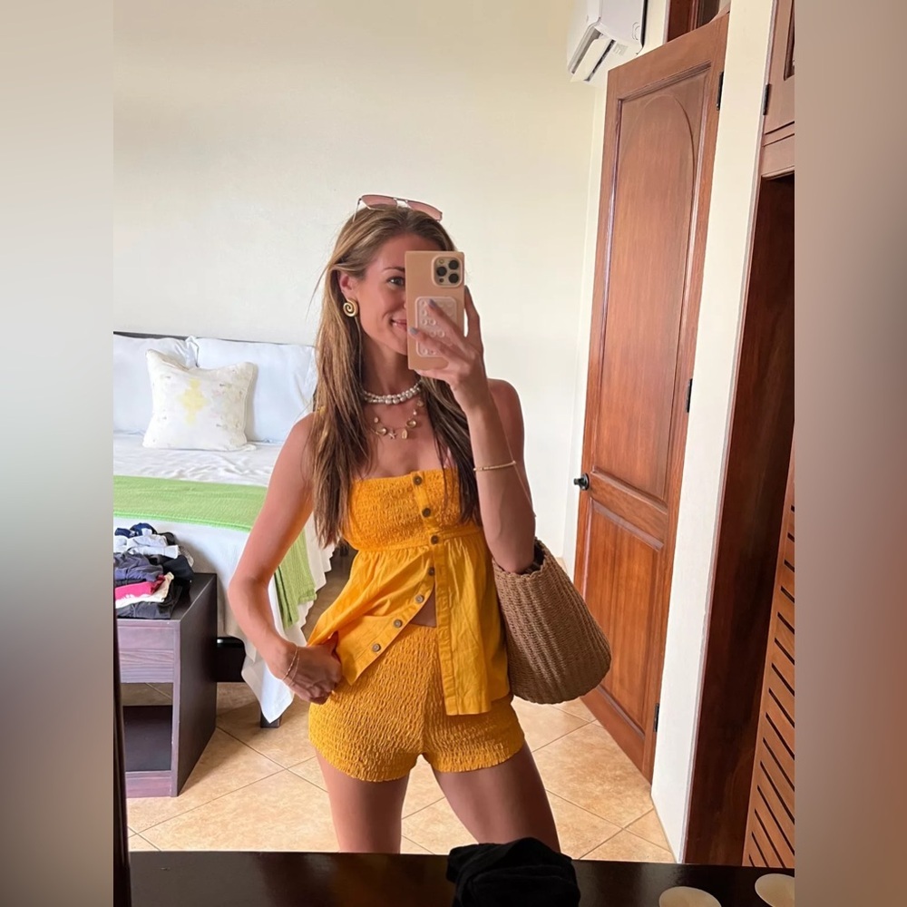 Free People Yellow Smocked Tube Shorts Romper